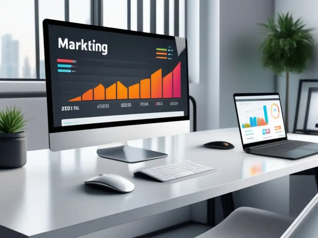 Espacio de trabajo de marketing digital moderno y sofisticado Espacio de trabajo de marketing digital: Estrategias de marketing de afiliados en imagen 8k con estilo minimalista y moderno