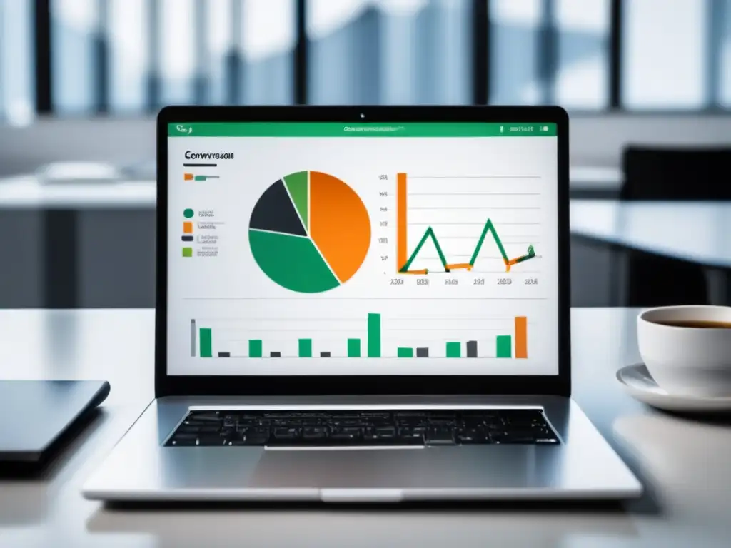 Laptop en escritorio blanco con gráfico de tendencia y optimización de conversiones Laptop en un escritorio blanco con gráfico de tendencia, conversión y estrategia de marketing