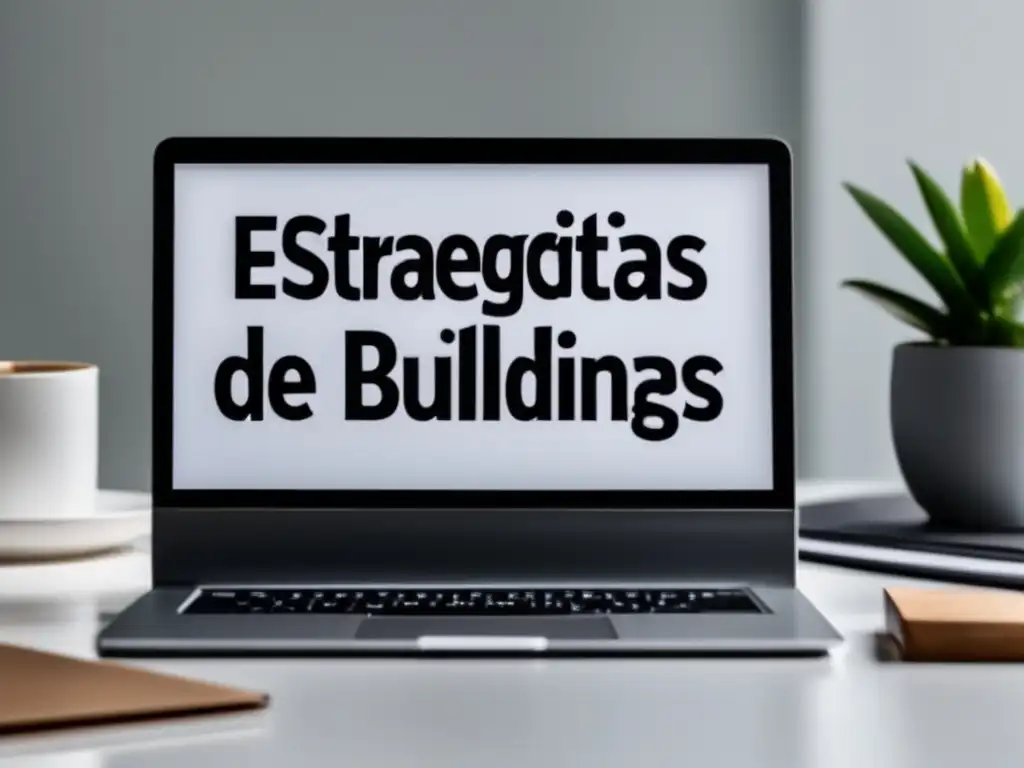 Escritorio minimalista con estrategias de Link Building Oficina minimalista con laptop, notepad y café