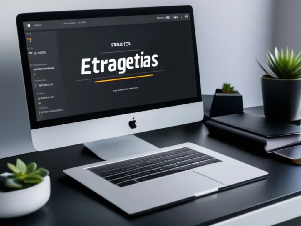 Escritorio minimalista y organizado con estrategias de contenido Oficina minimalista con escritorio negro mate y estrategias de contenido para el marketing de afiliados