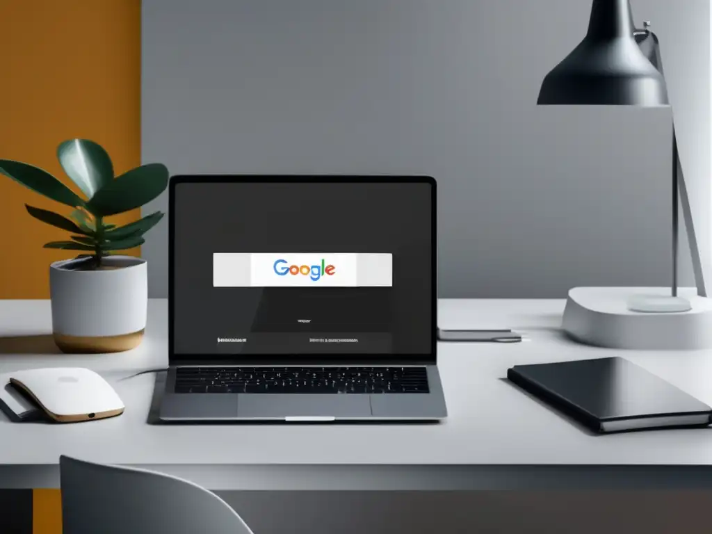 Espacio de trabajo minimalista con Google Analytics Mejores prácticas Google Analytics campañas de afiliados - Escritorio minimalista con laptop y pantalla de alta resolución
