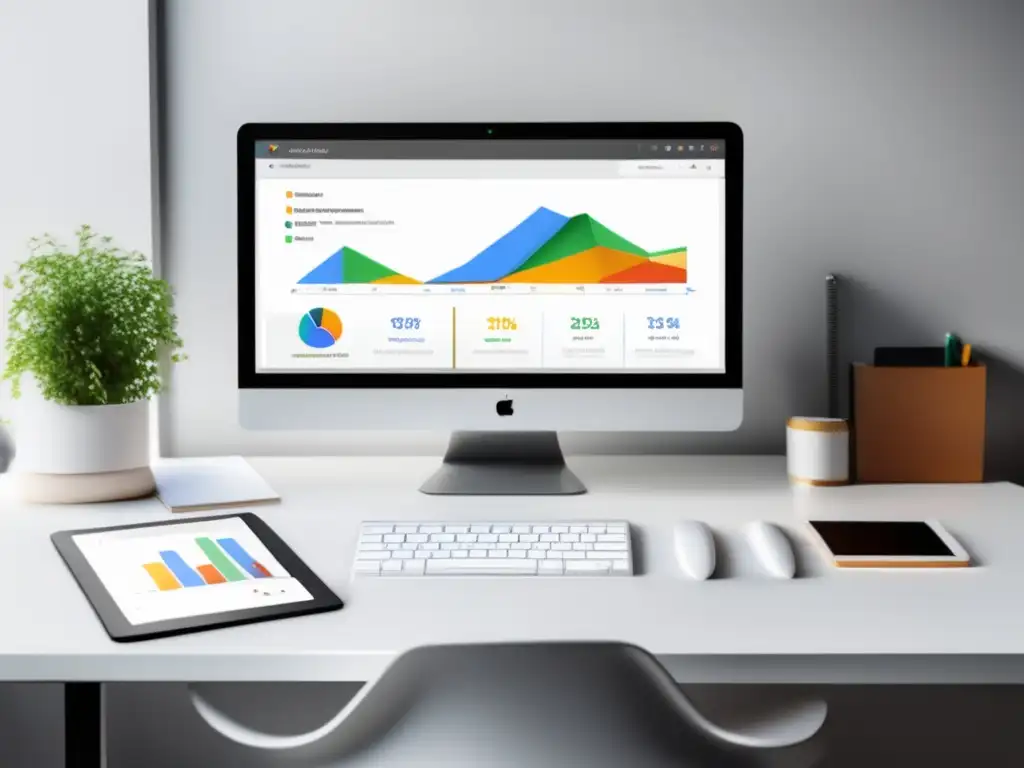 Espacio de trabajo minimalista con Google Analytics Espacio de trabajo minimalista con monitor de alta resolución que muestra la interfaz de Google Analytics