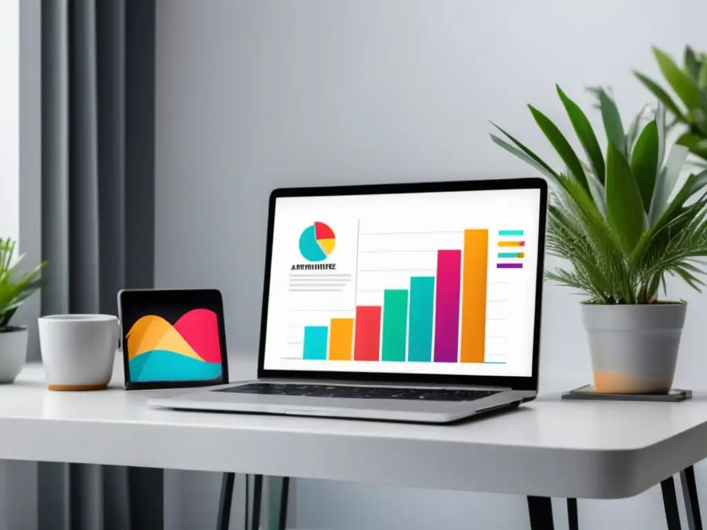 Escritorio minimalista con laptop y gráfico de ingresos Laptop en escritorio blanco con gráfico de éxito en marketing de afiliados