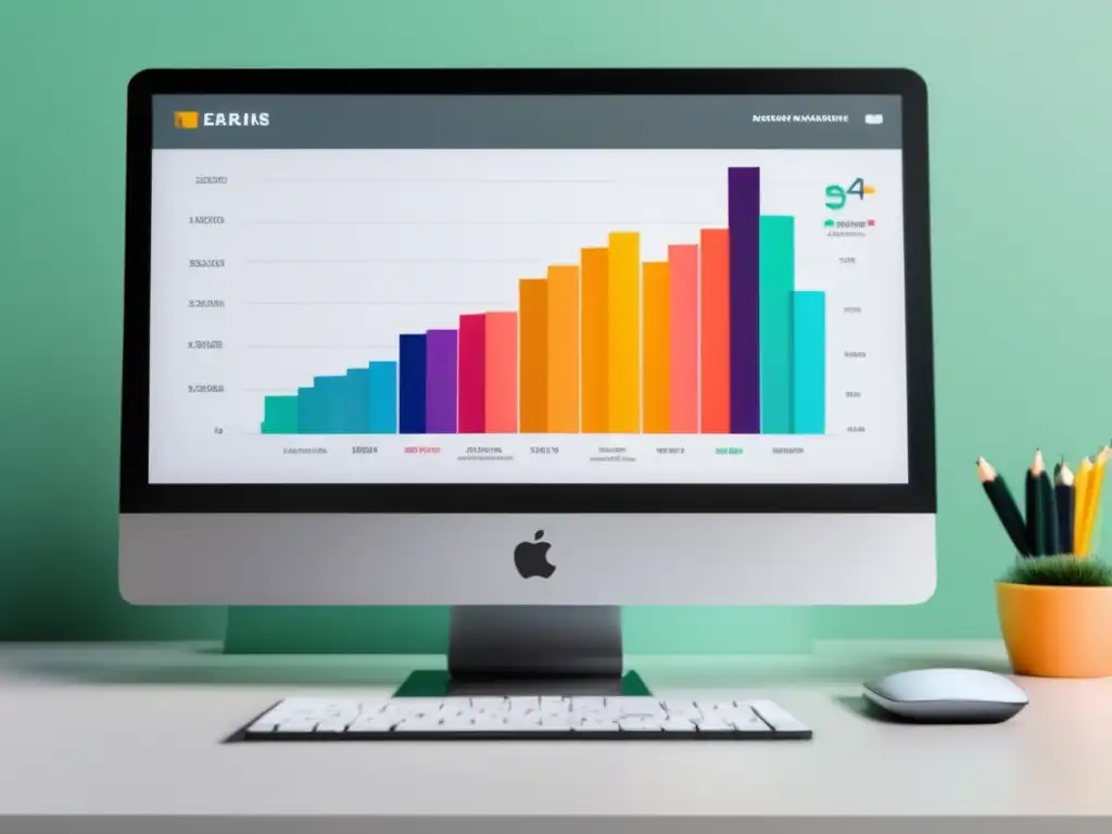 Escritorio minimalista con gráfico de ganancias de marketing de afiliados Escritorio minimalista con monitor de alta resolución mostrando gráfica de ingresos de marketing de afiliados para maximizar ganancias