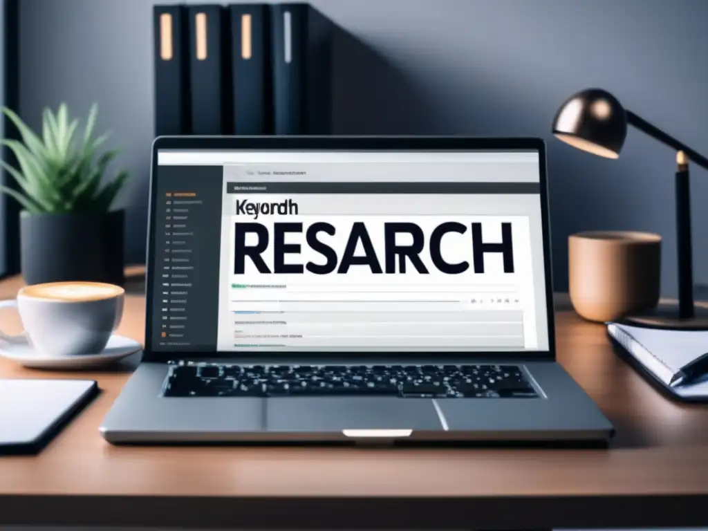 Escritorio minimalista con herramienta de investigación de palabras clave Escritorio minimalista con monitor mostrando herramienta de investigación de palabras clave y elementos organizados