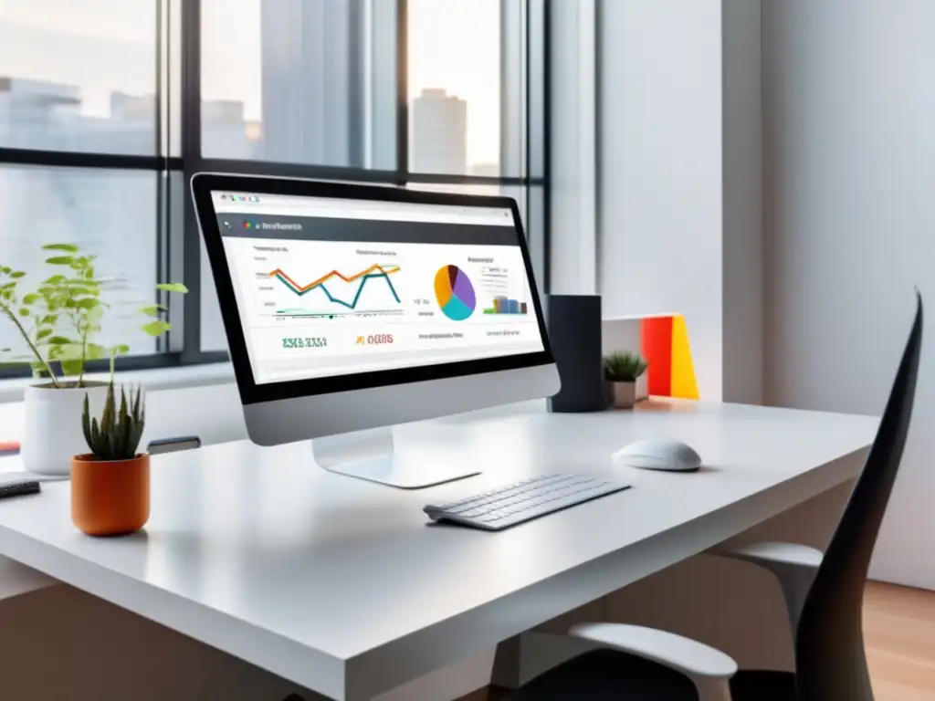 Escritorio minimalista con herramientas de análisis de datos Escritorio blanco minimalista con herramientas de análisis de datos y programas de afiliados