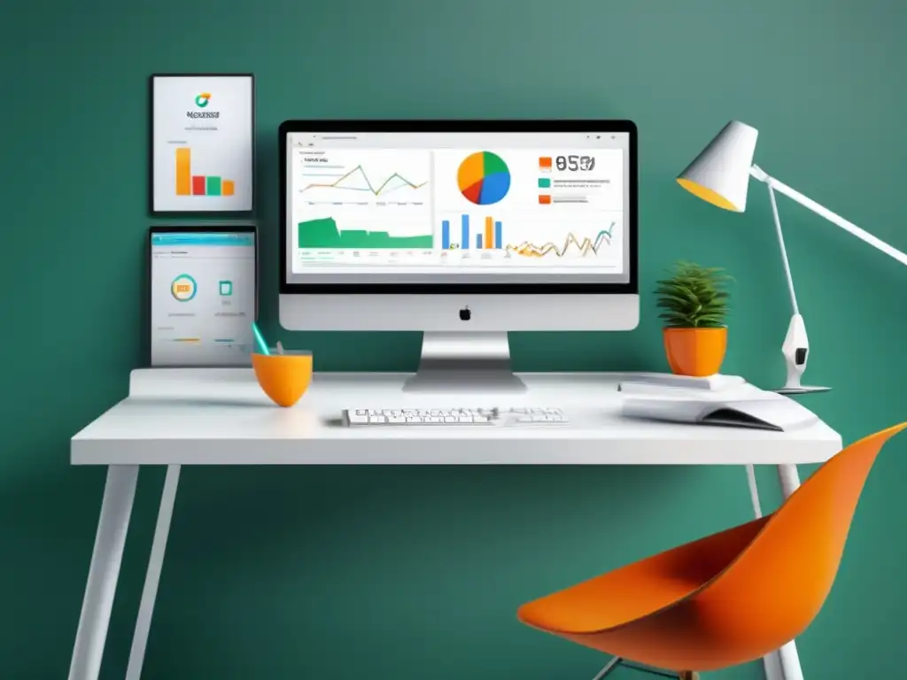 Espacio de trabajo minimalista y moderno con herramientas de SEO Espacio de trabajo moderno con escritorio blanco y herramientas de SEO para marketing de afiliados