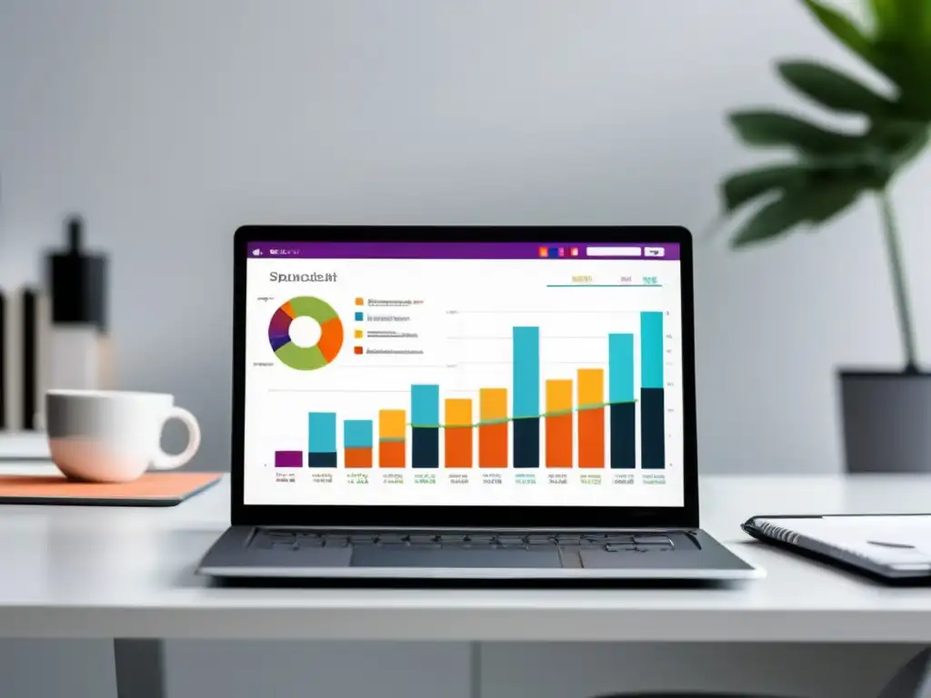 Escritorio moderno con laptop, gráficas y herramientas analíticas Laptop moderno en escritorio blanco con gráficos y herramientas de análisis para optimizar campañas de afiliados