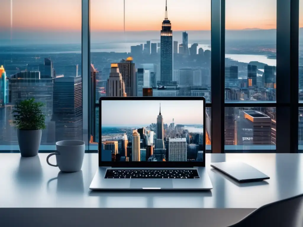 Laptop y gráfico de marketing de afiliación Laptop en escritorio blanco con vista panorámica de la ciudad y gráfico de programas de afiliados más efectivos