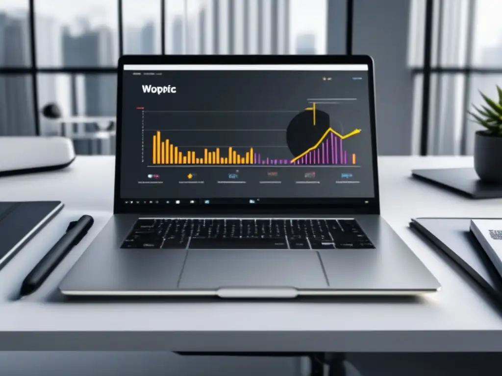 Espacio de trabajo minimalista con laptop y smartphone Espacio de trabajo minimalista con laptop, gráfico de métricas y smartphone con alta interacción