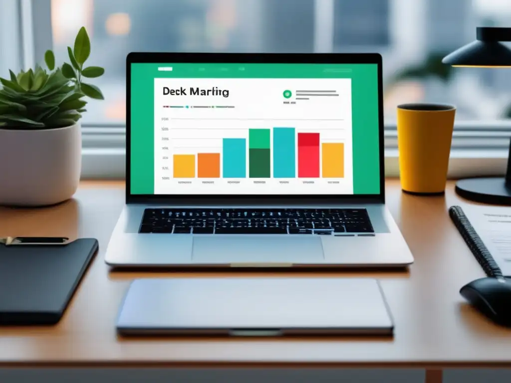 Escritorio minimalista con laptop elegante y gráfica de marketing ético Escritorio minimalista con laptop moderna, gráfico vibrante de crecimiento en marketing de afiliados ético