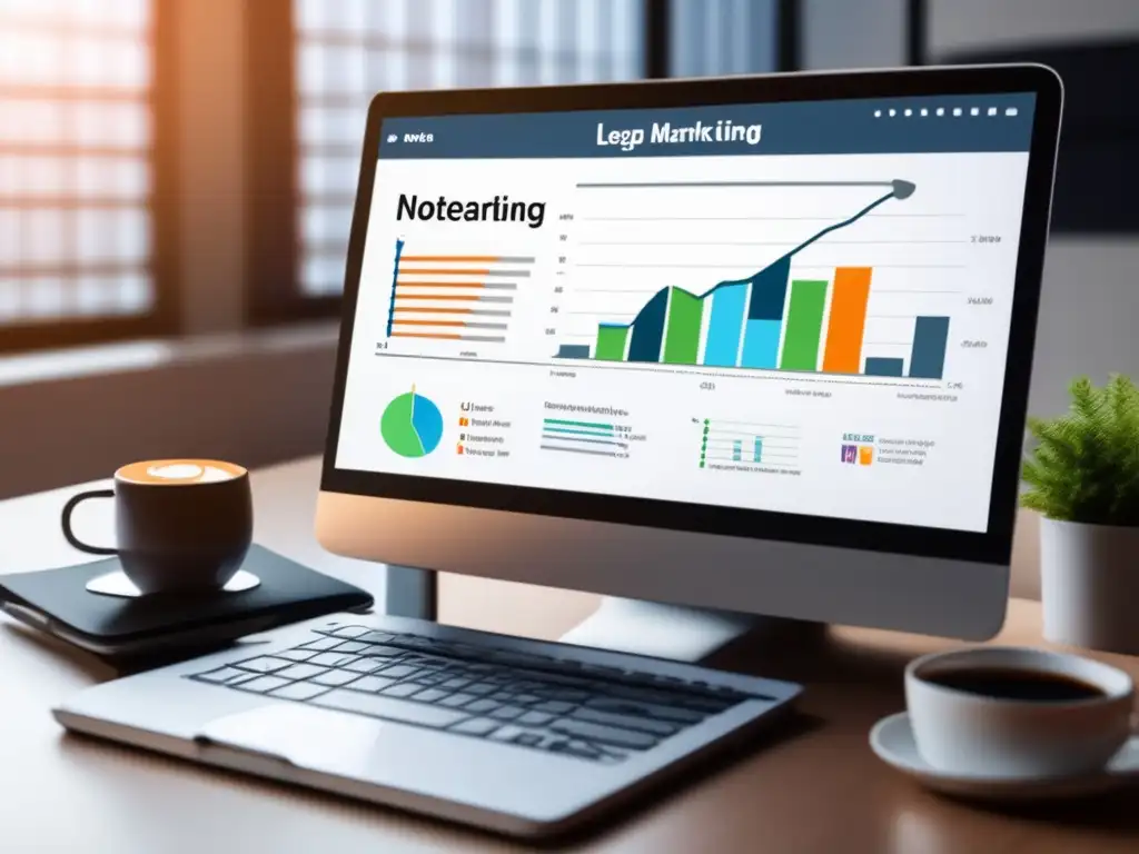 Escritorio minimalista con laptop y notas Oficina moderna y profesional con laptop, notas sobre leyes y regulaciones que afectan al marketing de afiliados