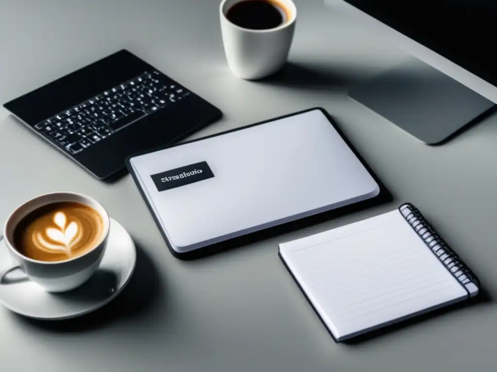 Escritorio minimalista con laptop, notas y café Escritorio minimalista con laptop, notas y café