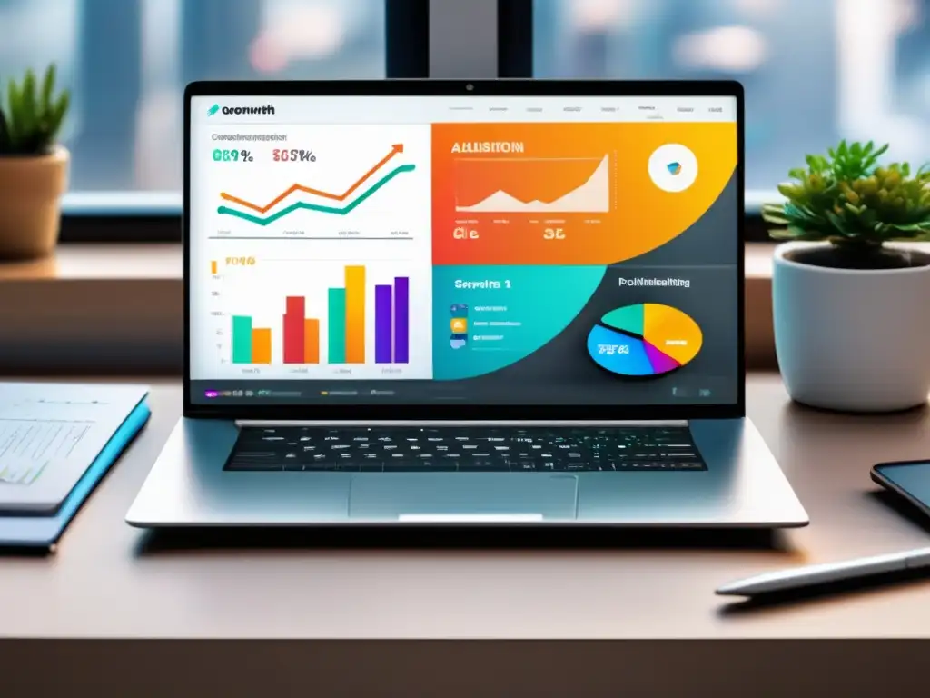 Laptop y dashboard de marketing digital Laptop en escritorio minimalista con estrategias de SEO para aumentar autoridad de un sitio de afiliados