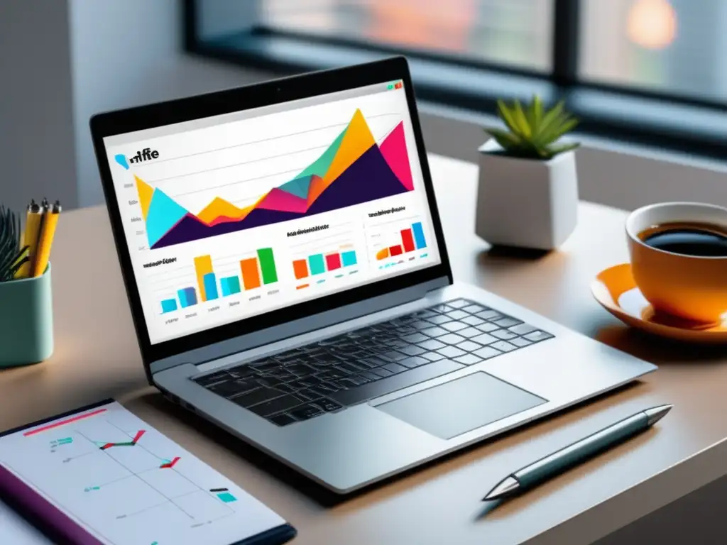 Laptop moderno con gráficos llamativos Laptop moderno con pantalla vibrante y gráficos que representan estrategia de contenido efectiva para afiliados