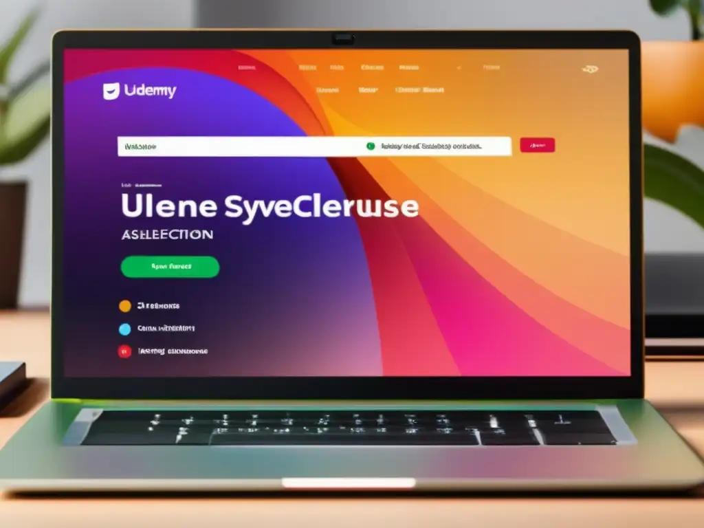 Laptop moderno en escritorio minimalista con cursos Udemy Ventajas del programa de afiliados de Udemy: cursos variados, interfaz amigable y profesional
