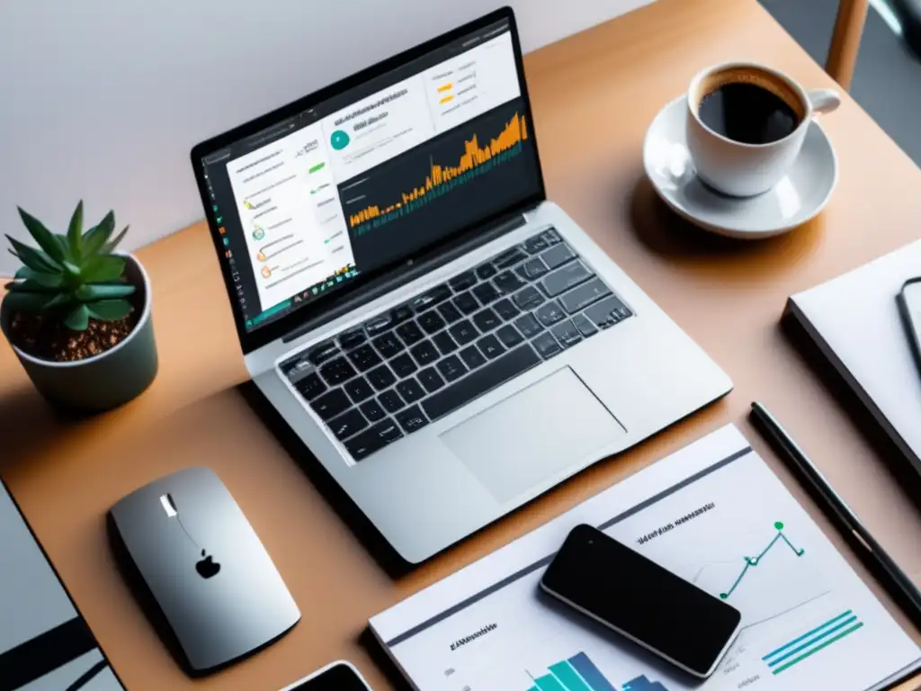 Espacio de trabajo minimalista con laptop y dashboard de marketing afiliado Herramientas para marketing de afiliados en una elegante imagen de una laptop en un escritorio limpio