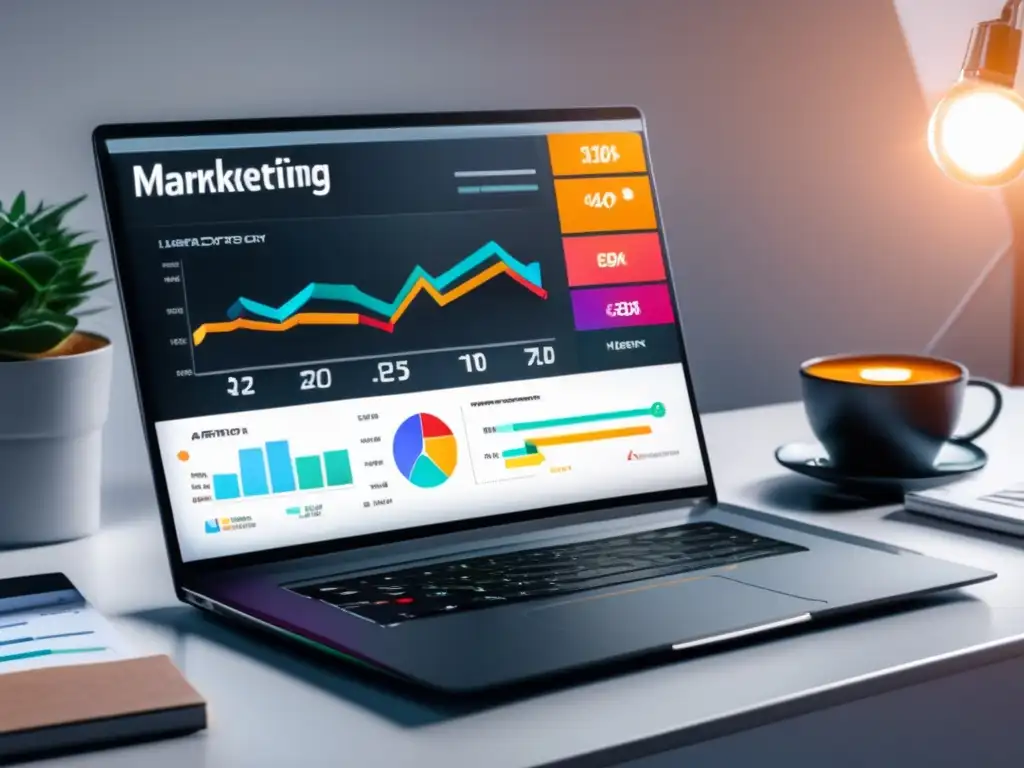 Imagen de laptop y dashboard de marketing de afiliados Imagen de laptop negro en un escritorio blanco con dashboard de marketing de afiliados: estrategias efectivas