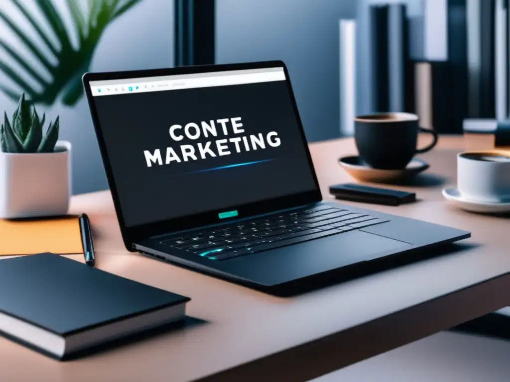 Escritorio minimalista con laptop y estrategias de marketing de afiliación Escritorio minimalista con laptop negra y estrategias de contenido para el marketing de afiliados