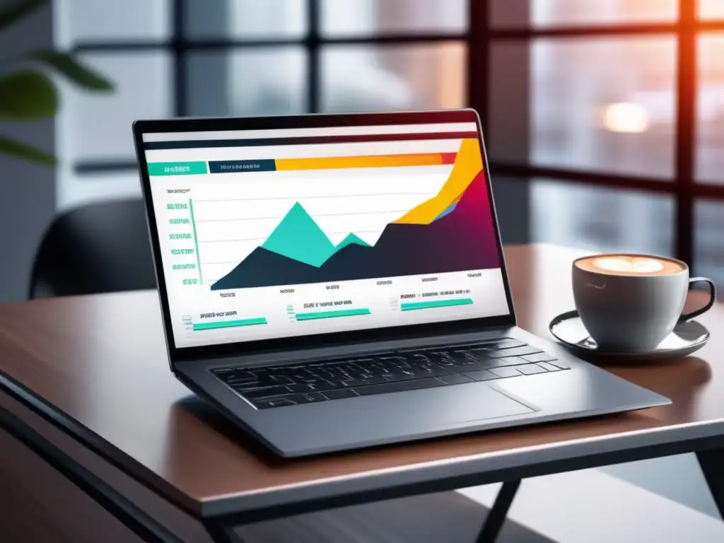 Laptop minimalista en escritorio moderno Laptop minimalista en escritorio moderno con gráfico de ganancias de programa de afiliados