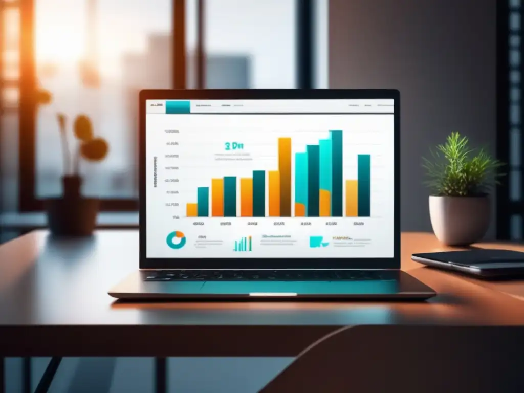 Laptop y escritorio minimalista para generar ingresos pasivos Laptop moderno en una mesa minimalista con gráfico de crecimiento, simbolizando ingresos pasivos con técnicas avanzadas de marketing de afiliados