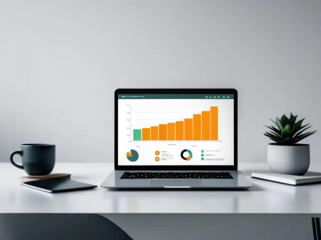 Escritorio moderno con laptop, gráfico de éxito y fondo de ciudad Imagen de escritorio minimalista con laptop y gráfica de éxito - Historias exitosas de marketing de afiliados