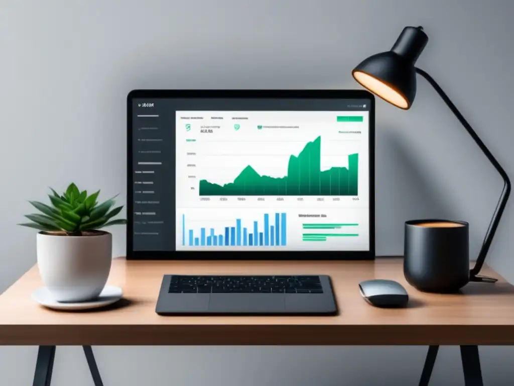 Escritorio minimalista con laptop y gráfico de crecimiento en pantalla Escritorio minimalista con laptop y gráfico de crecimiento para marketing de afiliados