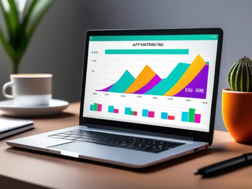 Laptop de éxito en marketing de afiliados Laptop moderno en escritorio minimalista, con gráfico de éxito y estrategias de marketing de afiliados exitosas