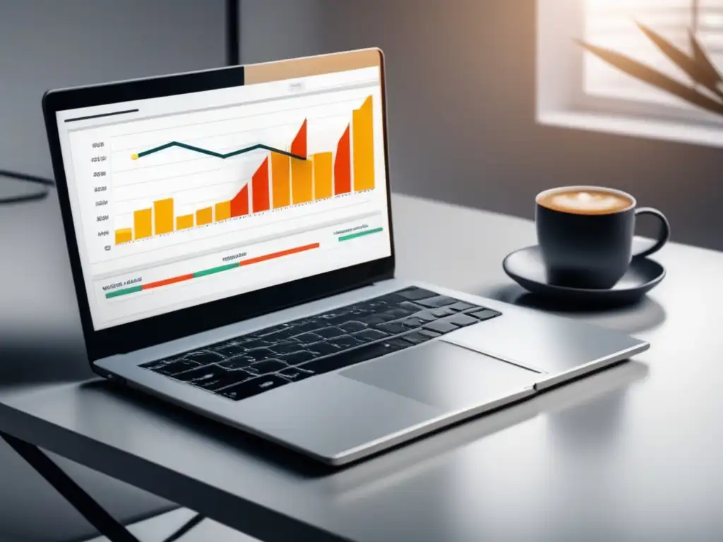 Escritorio blanco con laptop y gráfico de ganancias Escritorio minimalista con laptop, gráfica de crecimiento y elementos de trabajo, ideal para estrategias avanzadas de marketing de afiliados