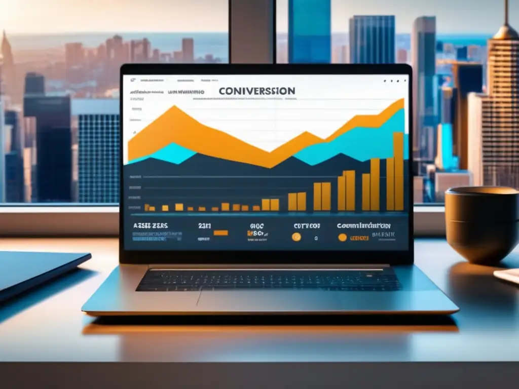 Laptop y escritorio minimalista con gráfico de ingresos - Laptop moderno en escritorio minimalista, gráfico de ganancias del marketing de afiliados, estrategias efectivas