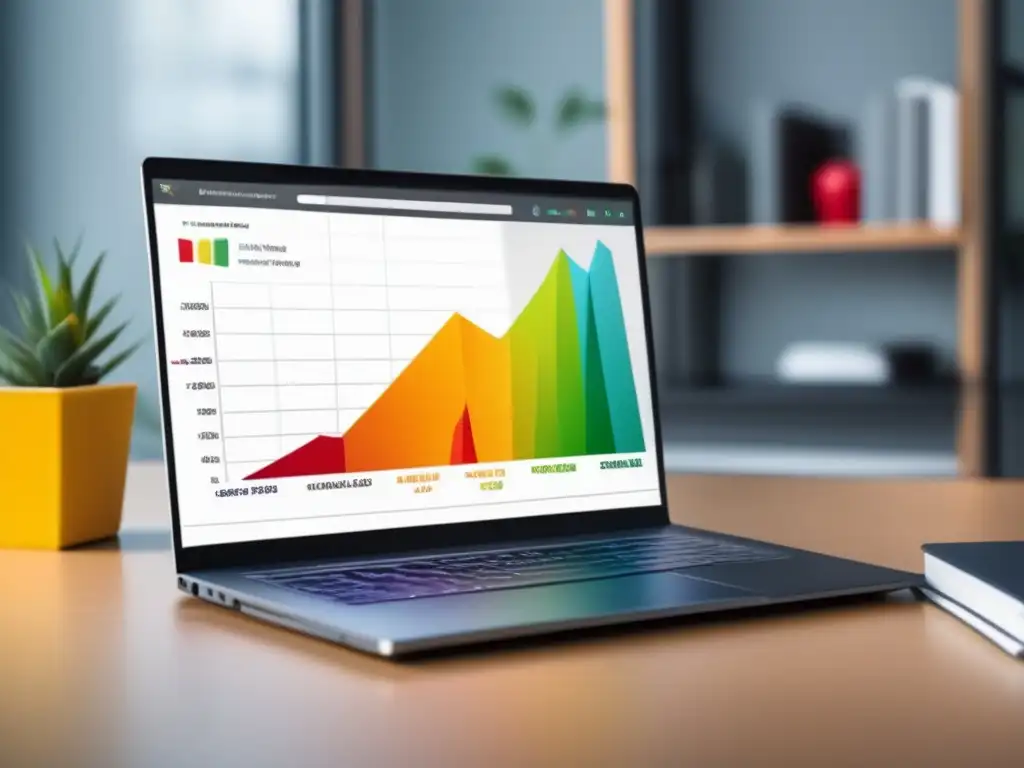 Laptop moderno en un escritorio minimalista, con gráfico de ganancias en marketing de afiliados y elementos profesionales