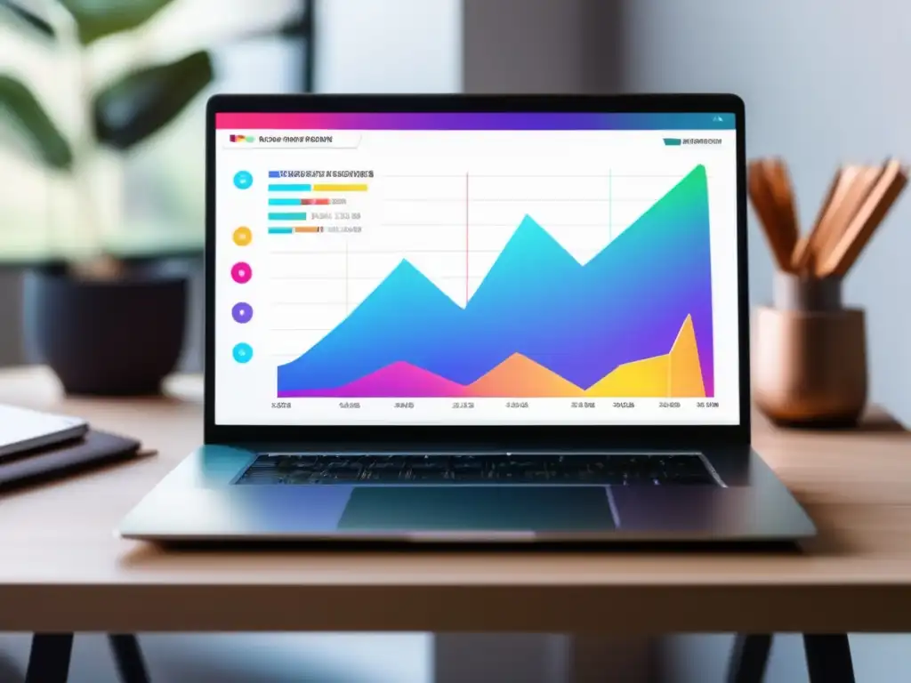 Laptop en escritorio minimalista, gráfico de ingresos pasivos Laptop en escritorio: gráfico de ingresos pasivos y flexibilidad en marketing de afiliados