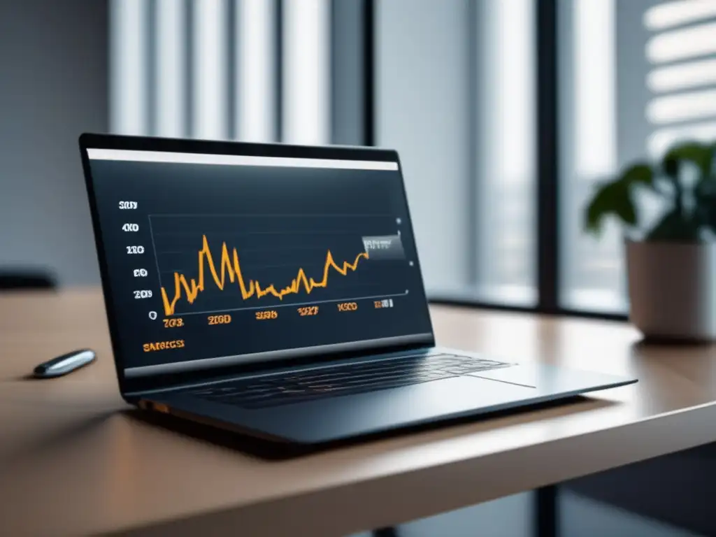 Espacio de trabajo eficiente para el marketing de afiliados Imagen de laptop en un escritorio minimalista con gráfica de éxito en estrategias de marketing de afiliados