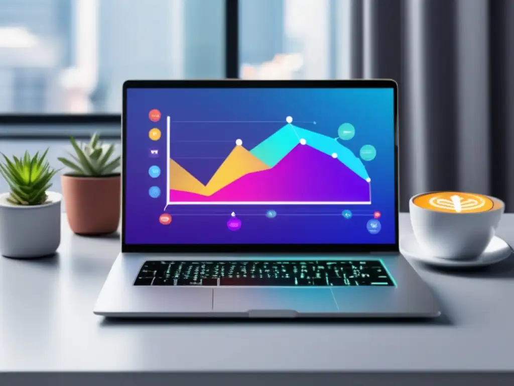 Laptop generando ingresos pasivos Laptop moderno en escritorio minimalista, con gráfico vibrante y símbolos de marketing de afiliados