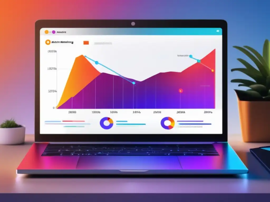 Laptop moderno con gráfico vibrante de búsqueda Laptop moderno en un escritorio minimalista con gráfico vibrante de análisis de palabras clave para marketing de afiliados