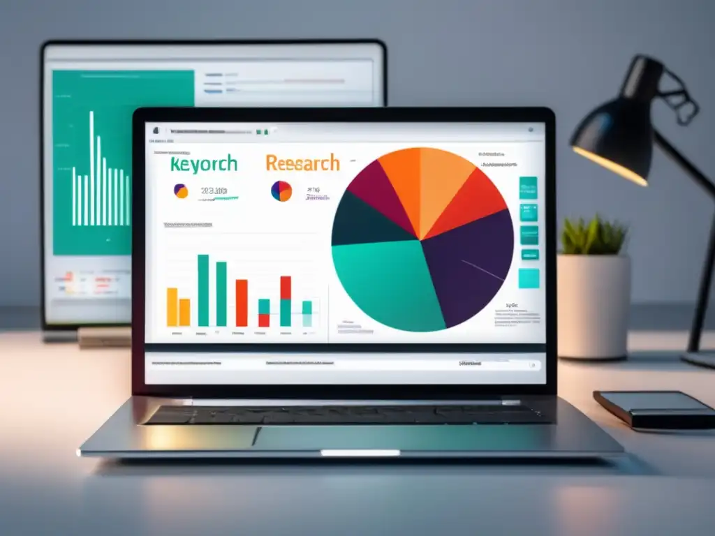 Herramientas de investigación de palabras clave Laptop moderno en escritorio blanco, herramientas para estrategias de contenido en marketing de afiliados