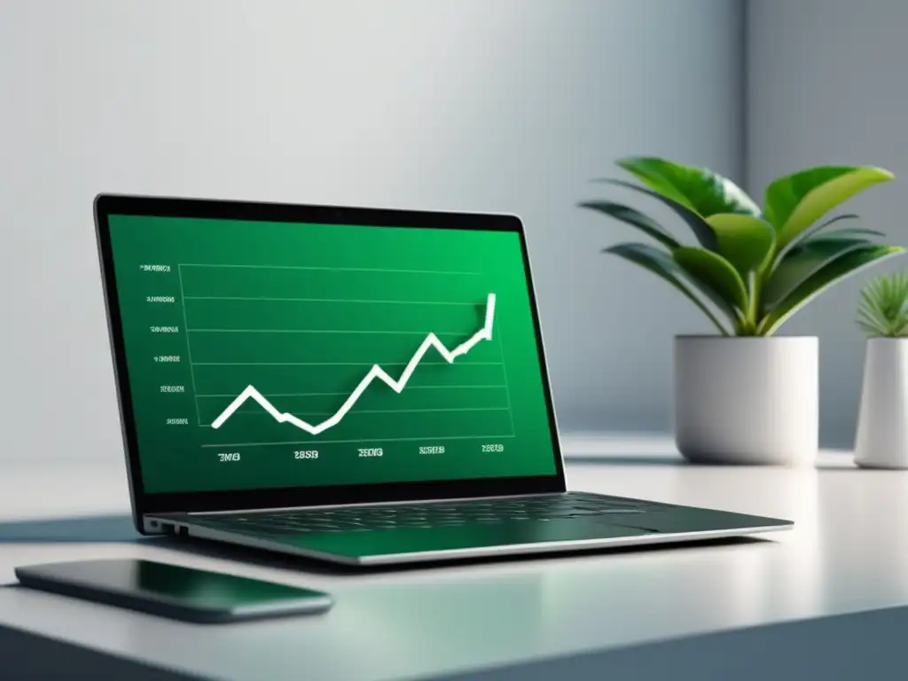 Espacio de trabajo profesional con laptop y planta verde Estrategias para ganar dinero con programas de afiliados en un espacio de trabajo limpio y profesional