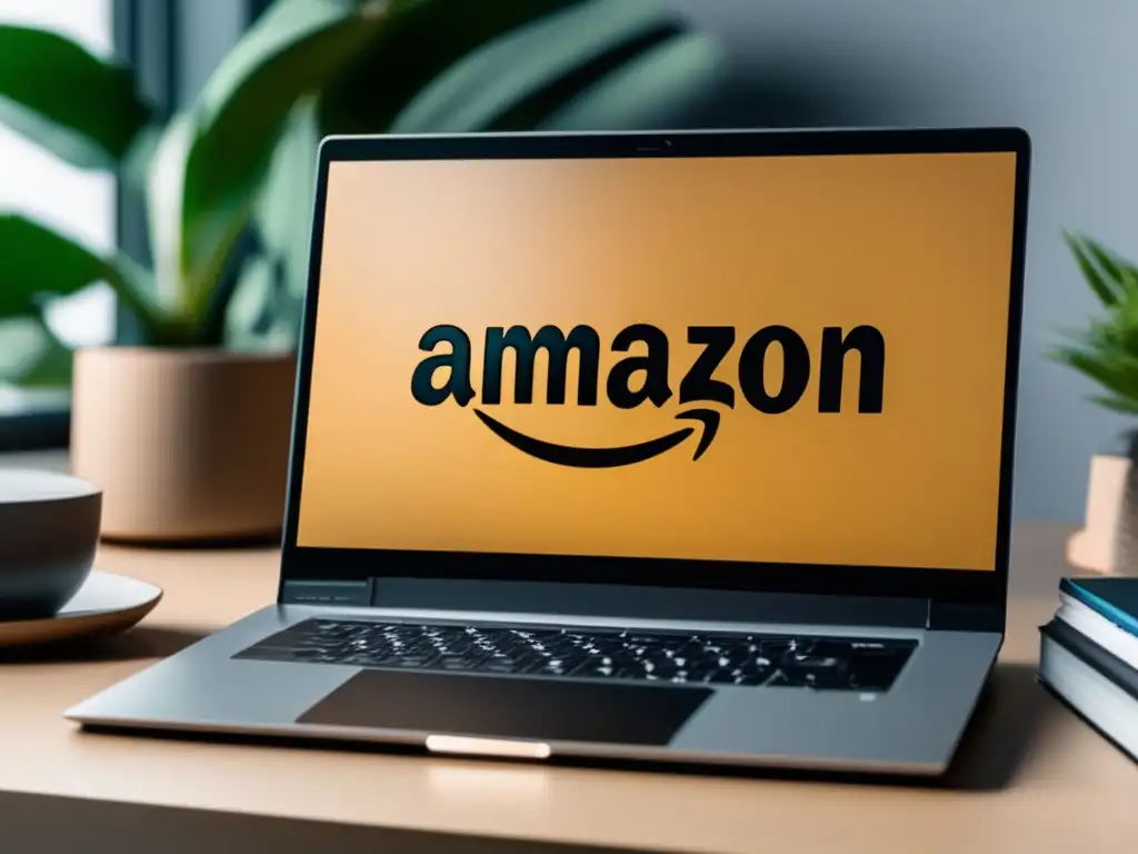 Laptop moderno en escritorio minimalista Laptop en un escritorio minimalista muestra logo de Amazon Associates y productos, representando beneficios del programa de afiliados de Amazon