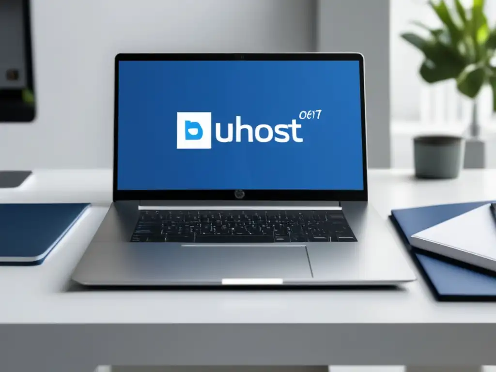 Laptop Bluehost en escritorio minimalista Laptop Bluehost programa afiliados: imagen 8k ultradetallada de una laptop elegante con logo Bluehost en pantalla, en un escritorio blanco y limpio
