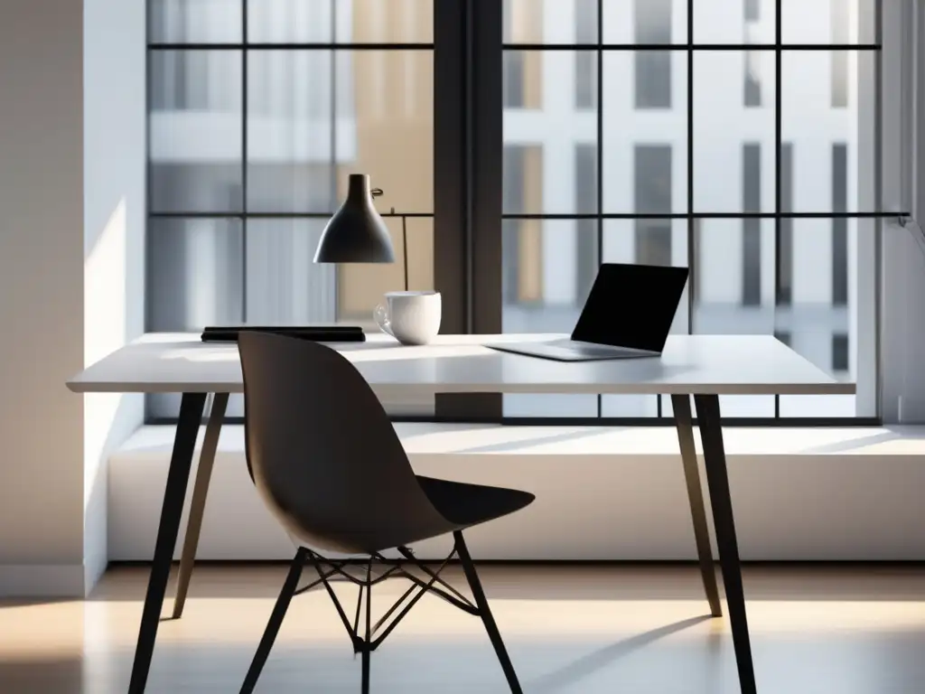 Espacio de trabajo minimalista y sofisticado Espacio de trabajo minimalista con escritorio moderno y elegante, luz natural, laptop, notas escritas, café, plantas y lámpara
