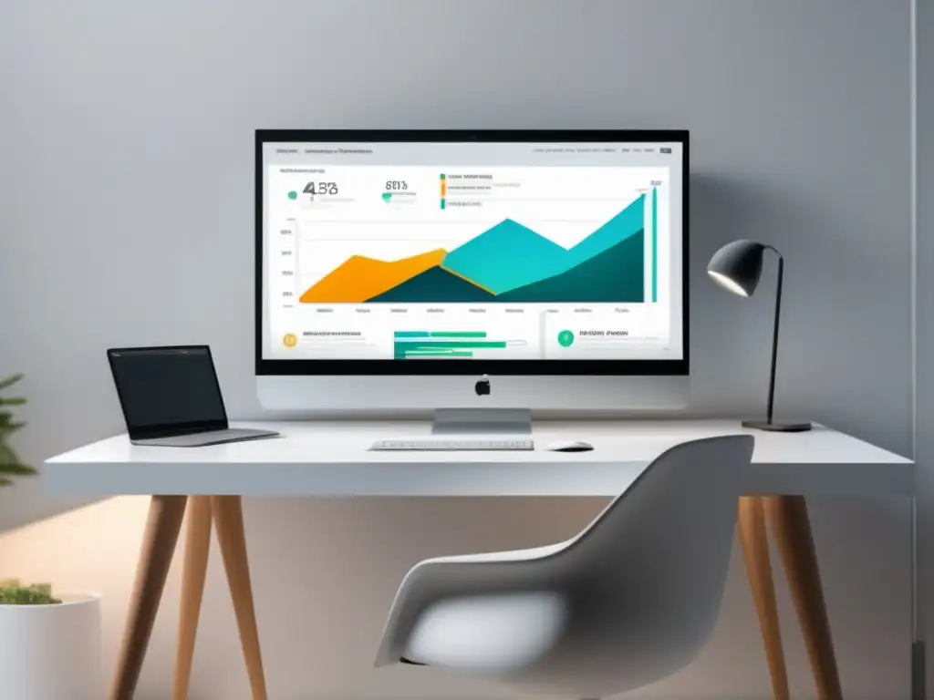 Escritorio blanco con monitor y dashboard de análisis web Escritorio blanco y minimalista con monitor mostrando análisis web - Estrategias para aumentar ventas en marketing de afiliados