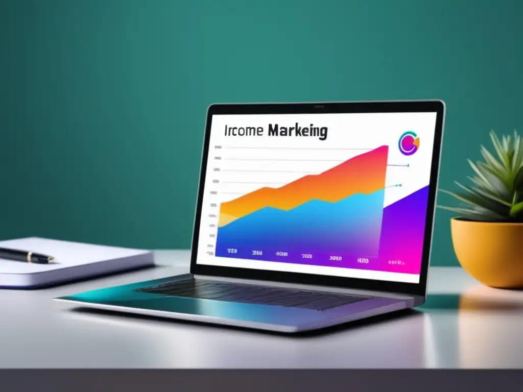 Laptop y gráfico de éxito en escritorio minimalista Laptop moderno en un escritorio minimalista, gráfica vibrante de estrategias avanzadas para aumentar ingresos en marketing de afiliados