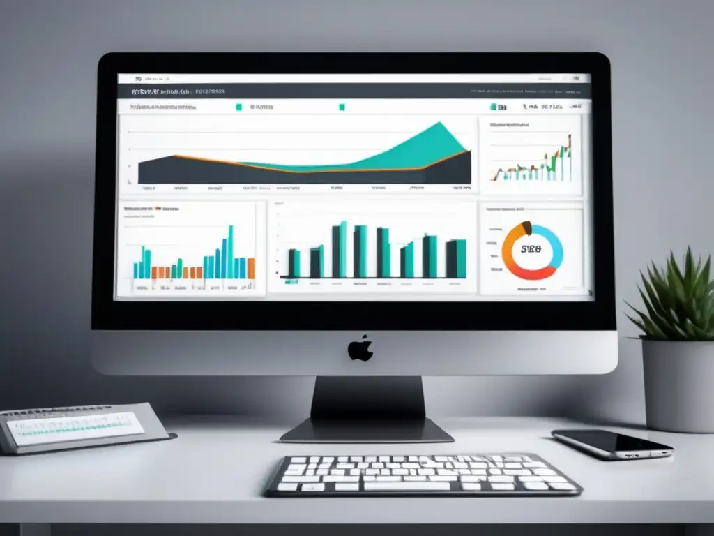 Oficina minimalista con monitor mostrando gráfica de rankings, smartphone con estadísticas de tráfico web y tablet con tasas de conversión