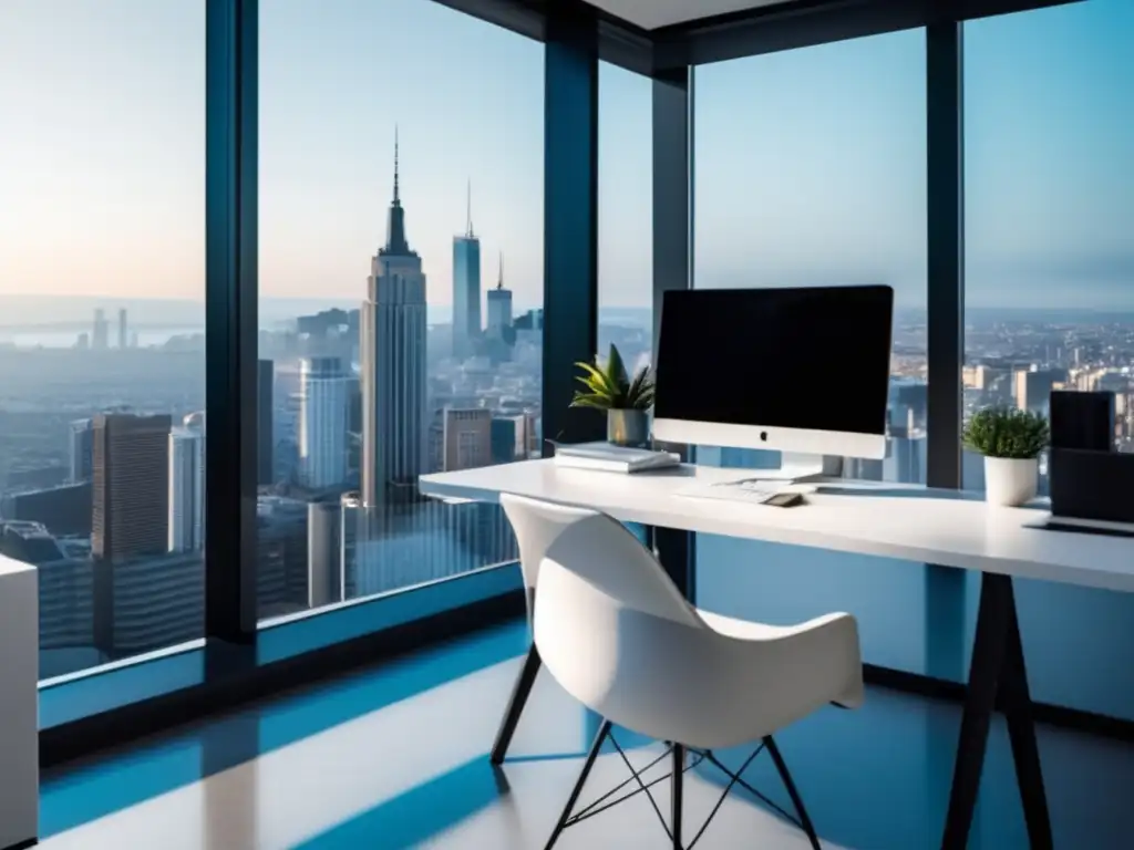 Espacio de trabajo moderno y minimalista Escritorio moderno y minimalista con vista a la ciudad, simbolizando estrategias efectivas de marketing de afiliados