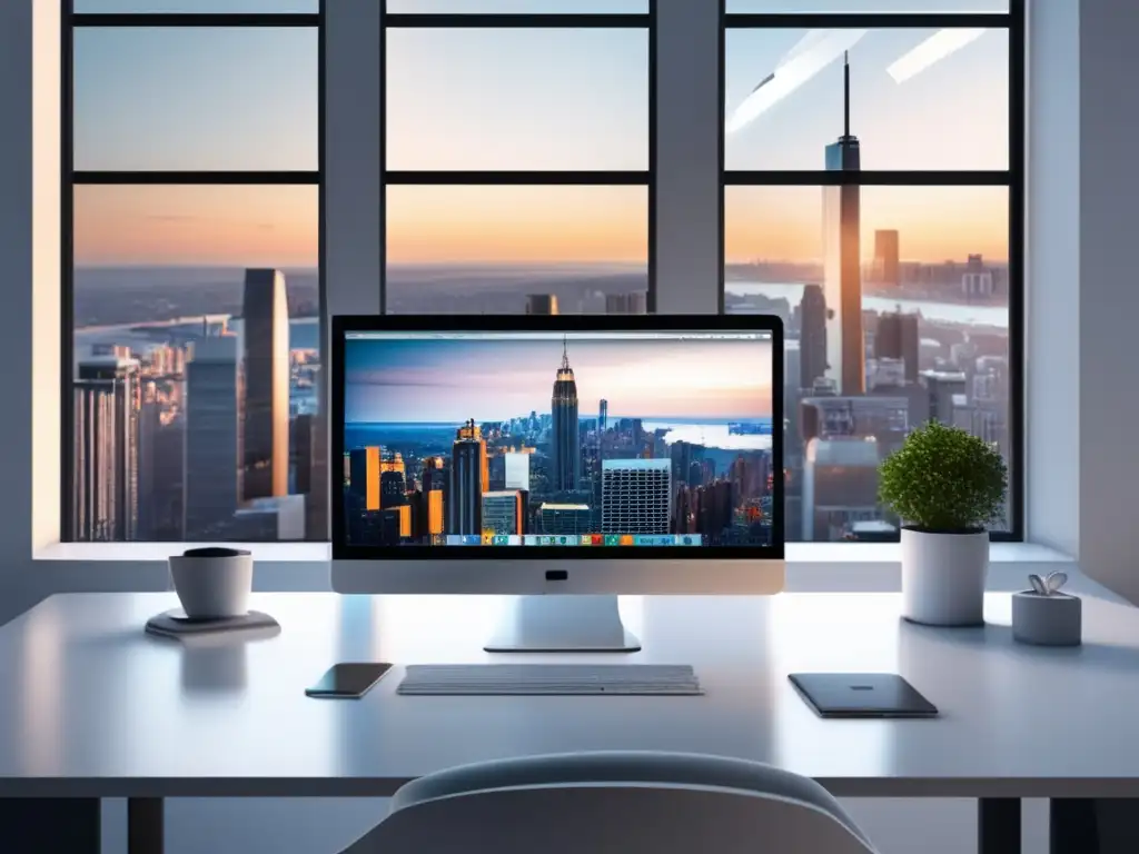Espacio de trabajo minimalista y moderno Espacio de trabajo minimalista y moderno con vistas a la ciudad y gráfico de ingresos en marketing de afiliados