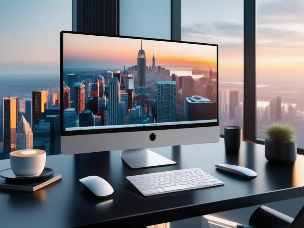 Espacio de trabajo minimalista y exitoso Espacio de trabajo minimalista con escritorio negro, monitor de alta gama y notas blancas