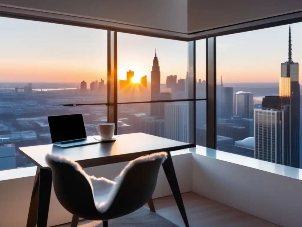 Un espacio de trabajo minimalista con un escritorio blanco y elegante frente a una ventana con vista a un horizonte urbano