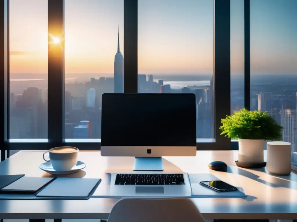 Espacio de trabajo minimalista con vista a la ciudad Oficina minimalista con escritorio blanco y ventana panorámica sobre ciudad