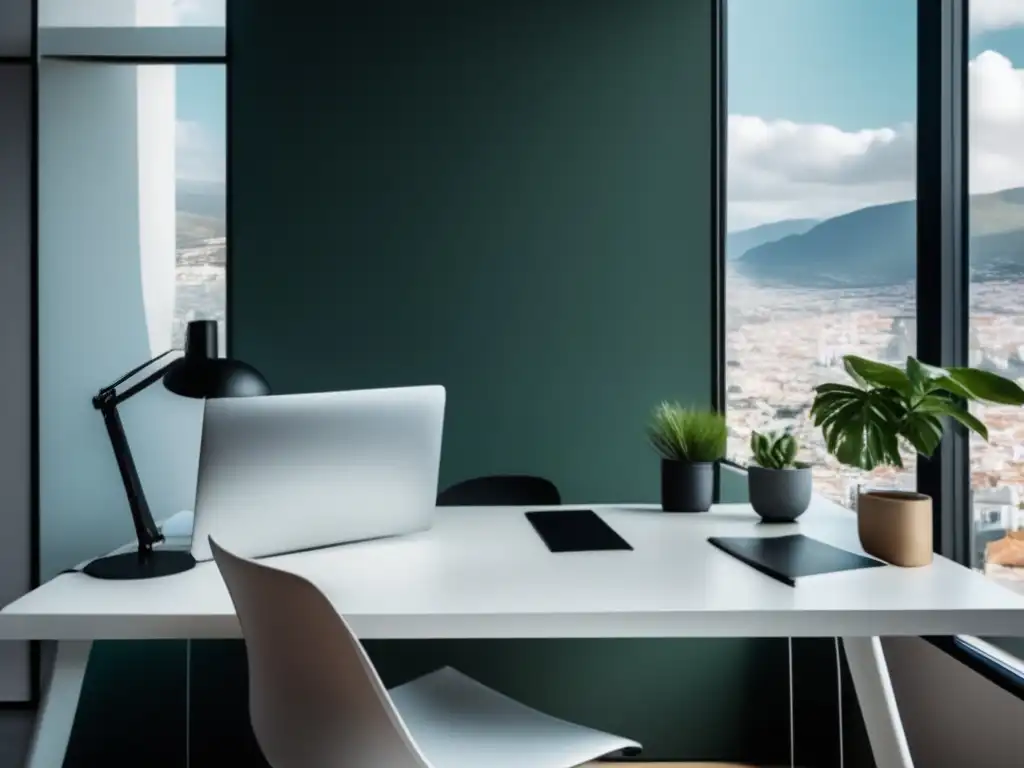 Espacio de trabajo minimalista con vista a la ciudad Estrategias de contenido para maximizar ingresos en el marketing de afiliados - Imagen de oficina minimalista con vista a la ciudad