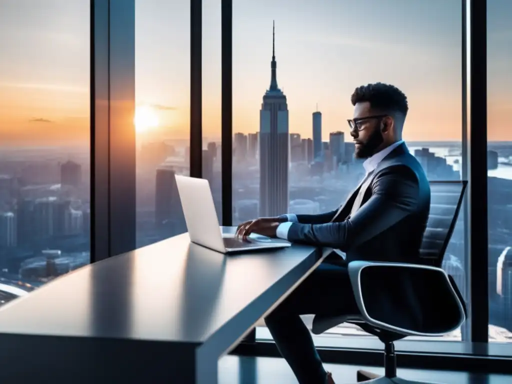 Profesional trabajando en escritorio moderno con vista a la ciudad Persona trabajando en un escritorio moderno con vistas a la ciudad - herramientas de investigación de mercado para afiliados de marketing